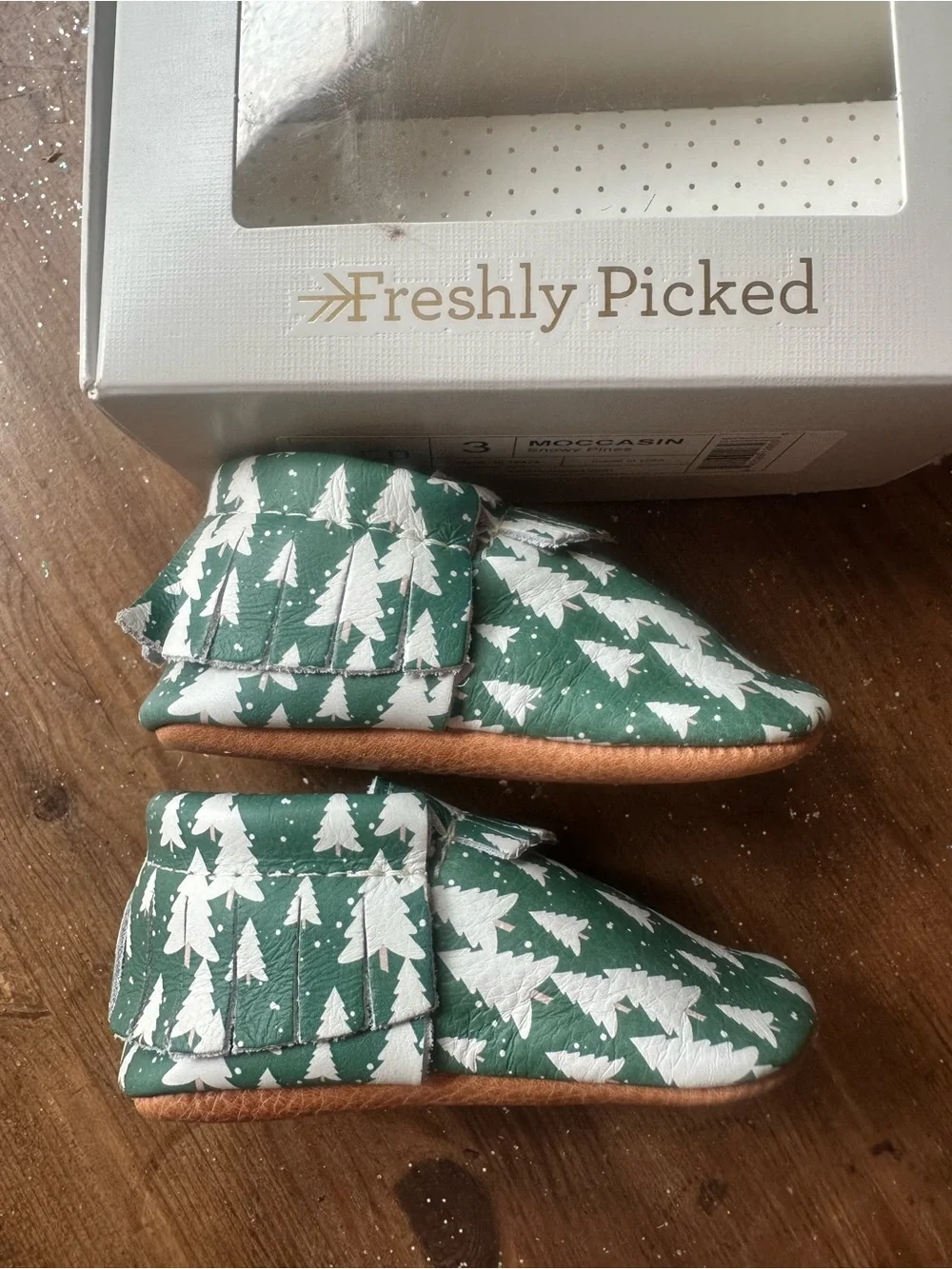 Freshly Picked Green Tree Print Baby Moccasins with White Trees